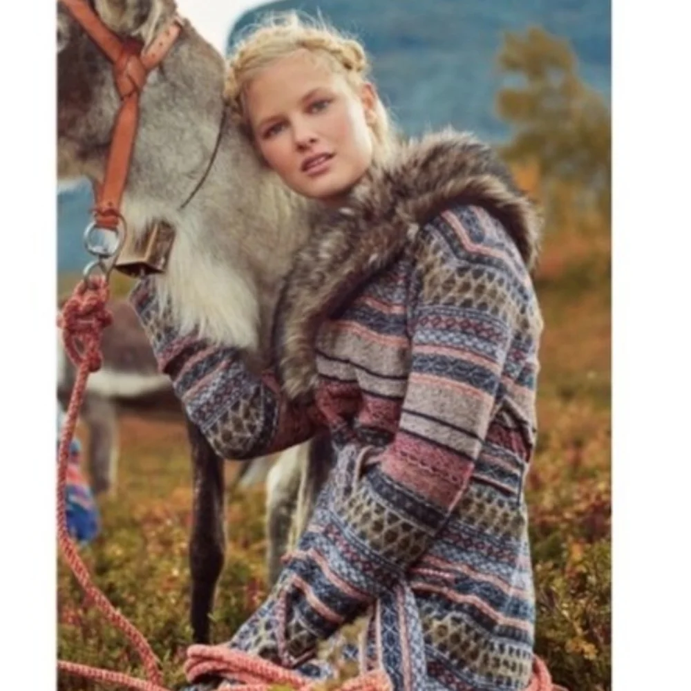 Anthro Angel of the North Faux Fur Collar Long Cardigan Lambswool Sweater XS - Picture 3 of 13